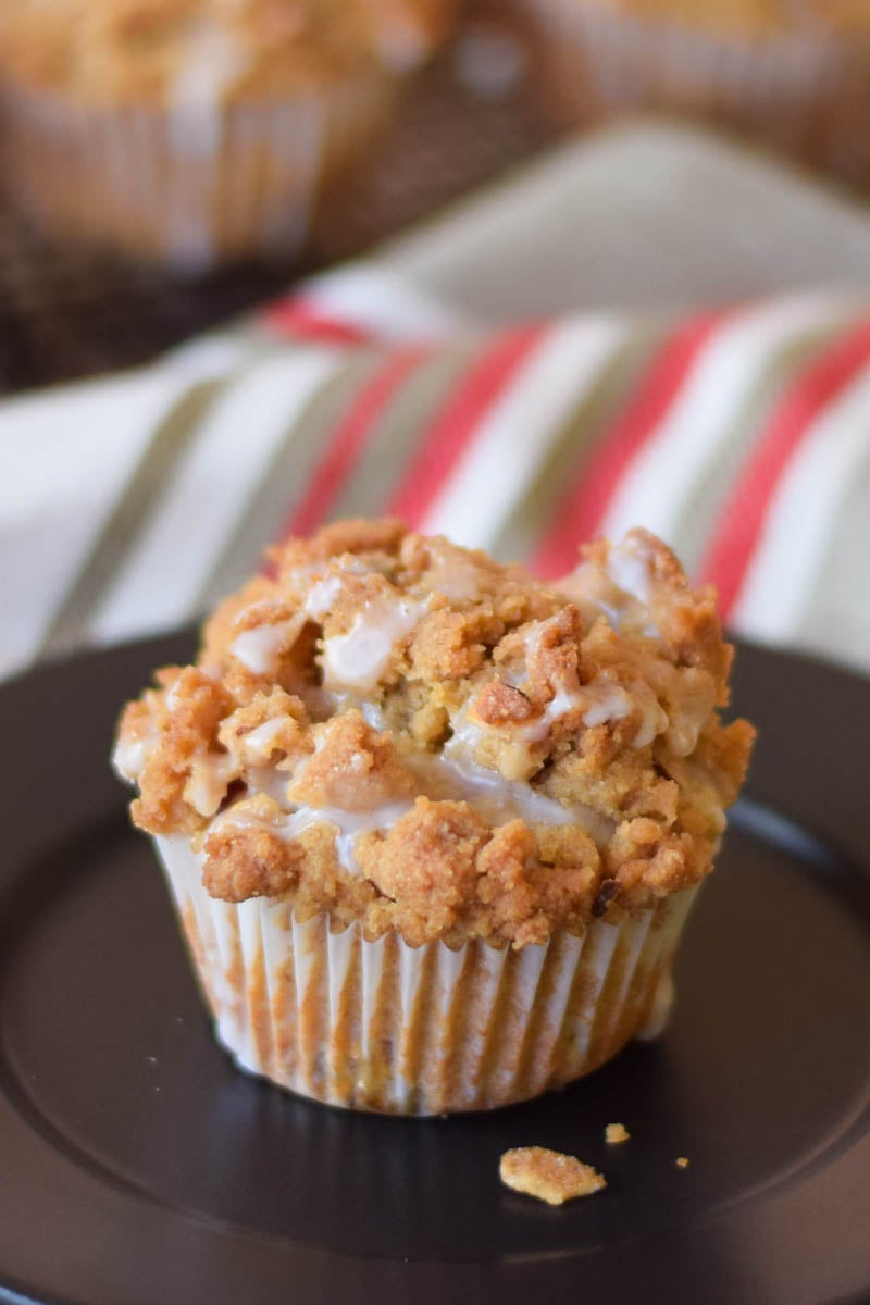 Upclose image of a Rhubarb Crumble Muffin.