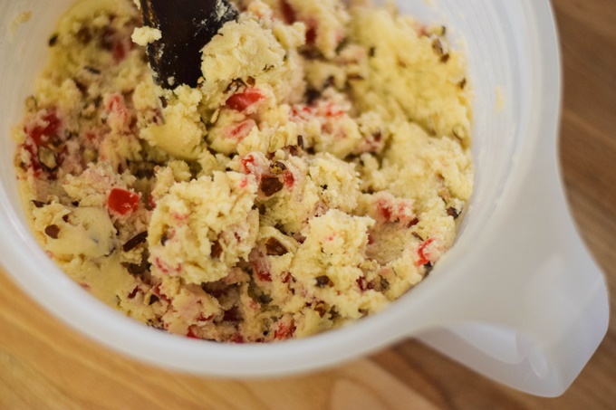 Cookie dough in mixing bowl.