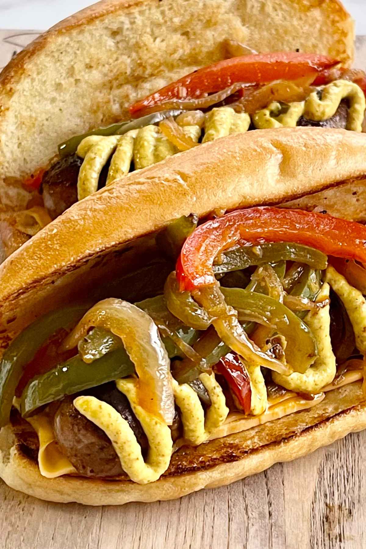 Up close image of Sausage and Peppers Sandwich.