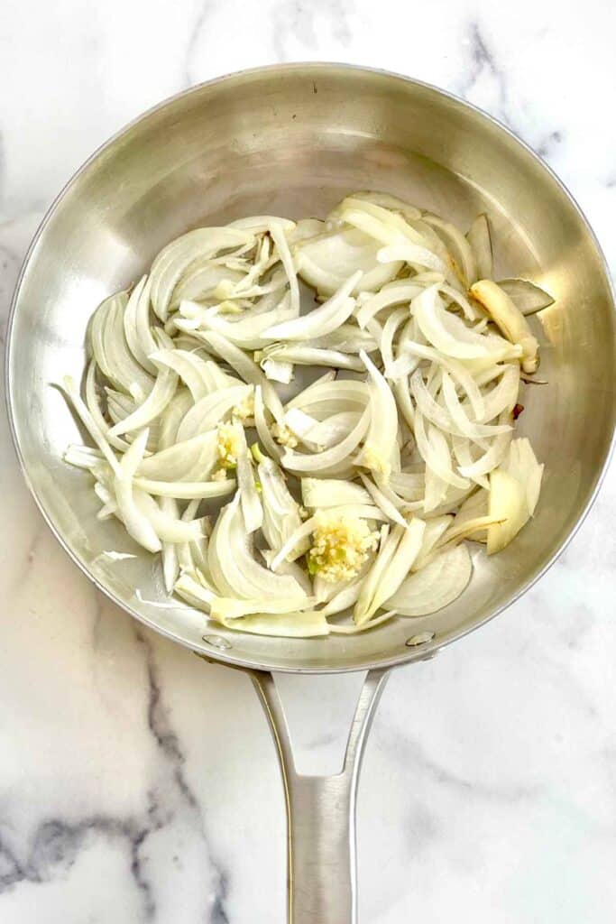 Onions and garlic in a large skillet.