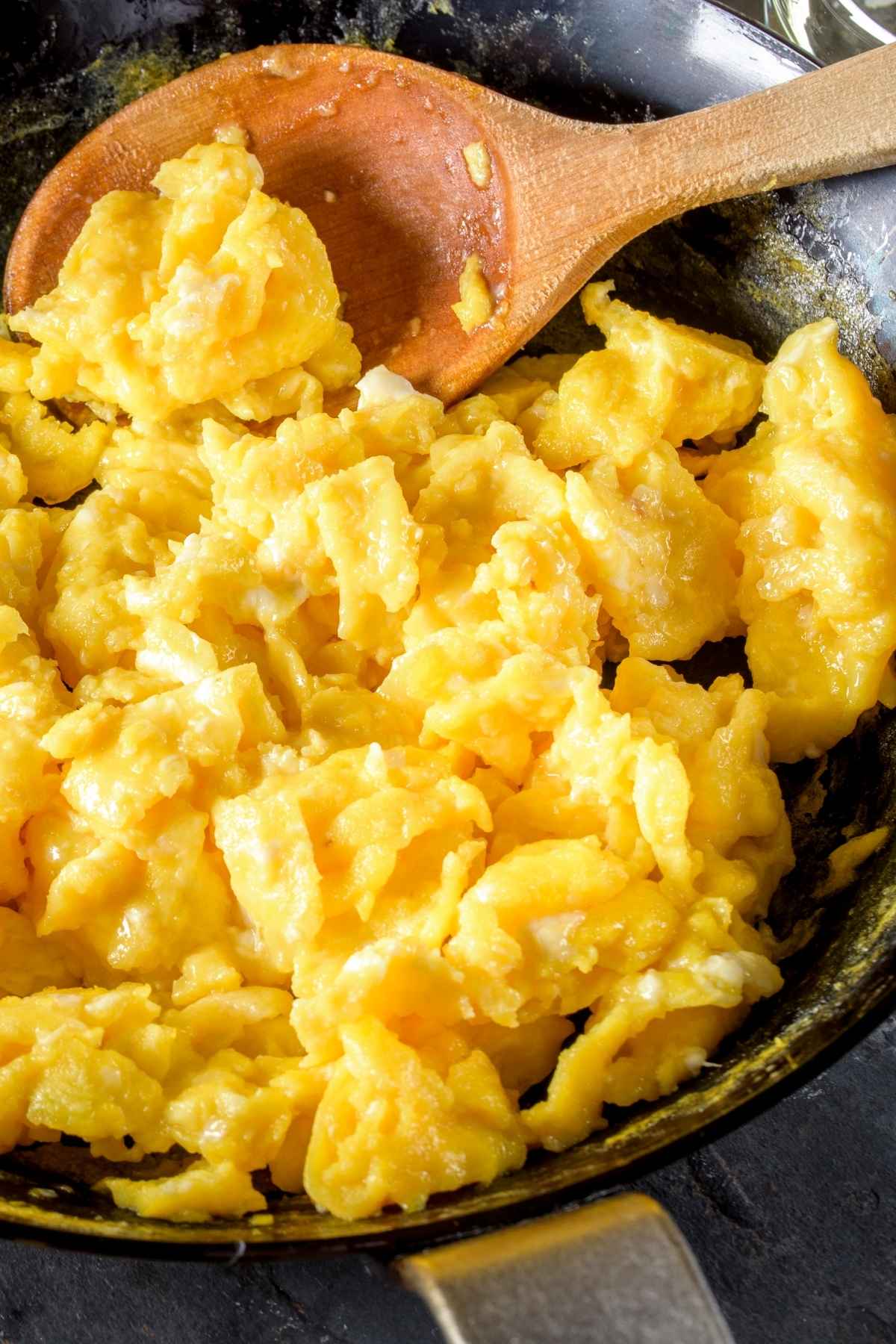 Skillet with scrambled eggs.
