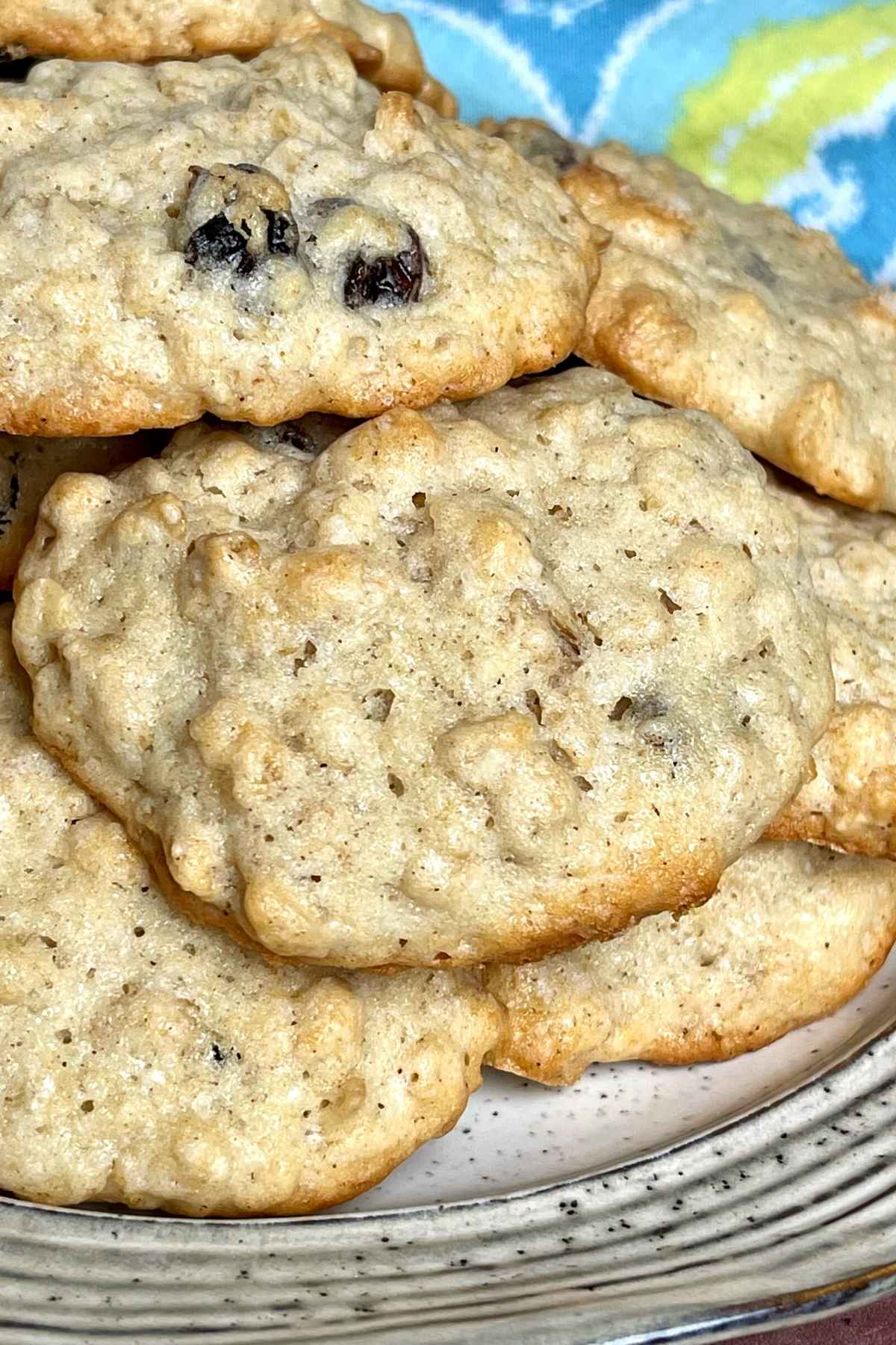 A plate full of oatmeal cookies studded with raisins.