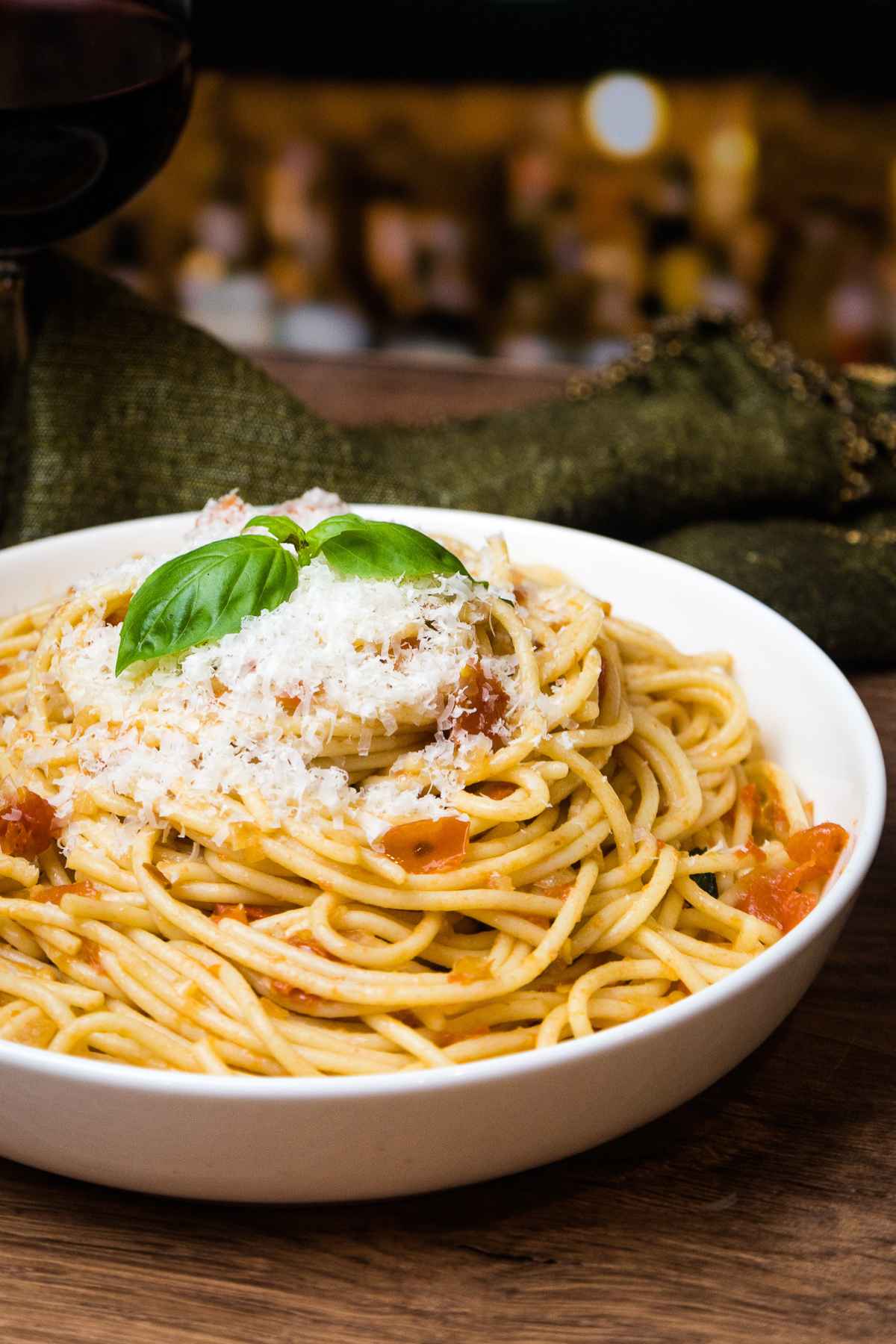 Up close image of Spaghetti Arrabiata in a white pasta bowl.