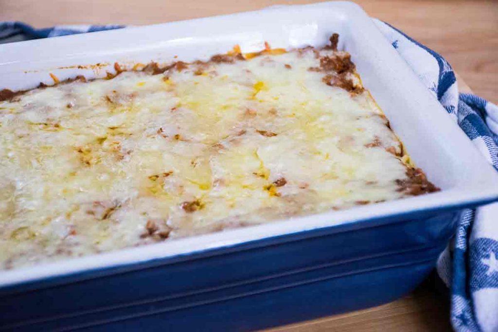 Baked casserole in a blue dish