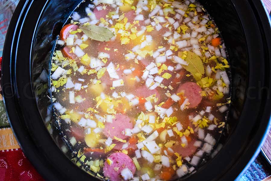 Split Pea Soup ingredients in a slow cooker