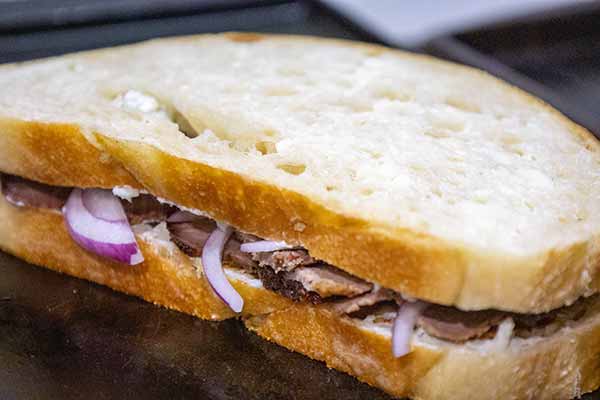 Assembled sandwich on the griddle