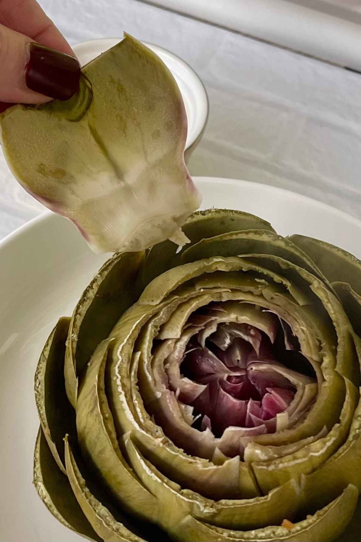 Removing a leaf from the artichoke.