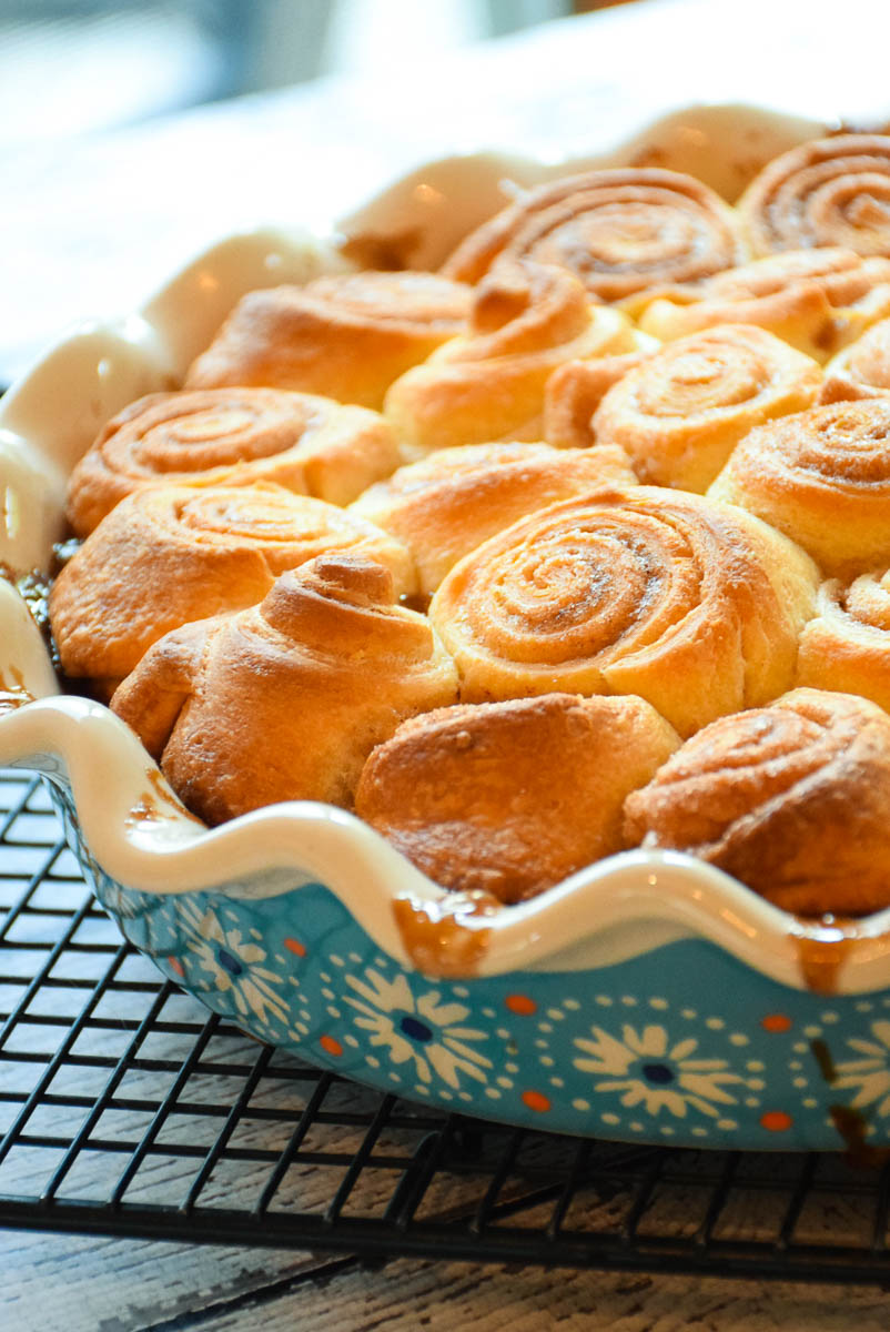 Baked Crescent Roll Sticky Buns in a baking dish.