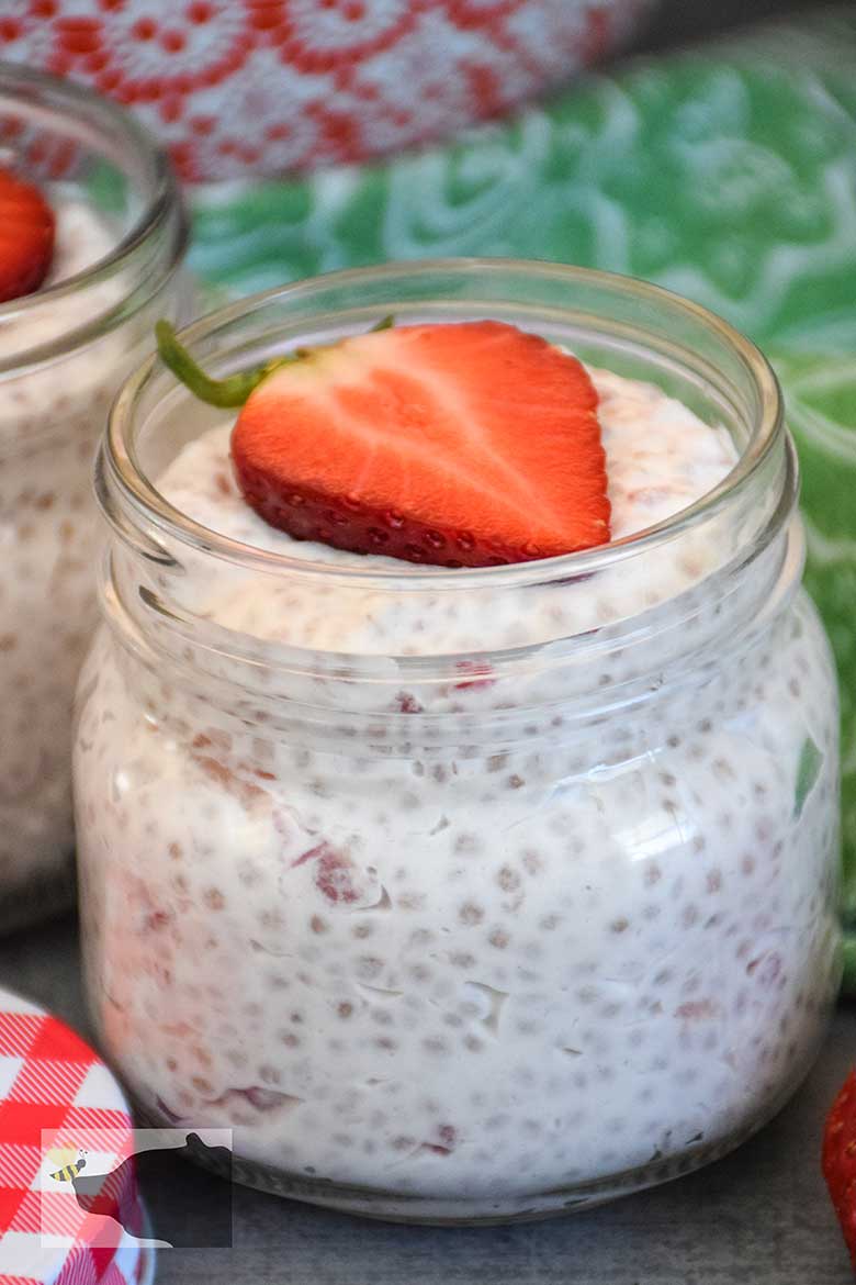 Strawberry Fluff Salad fat bomb recipe in a single serving jar.