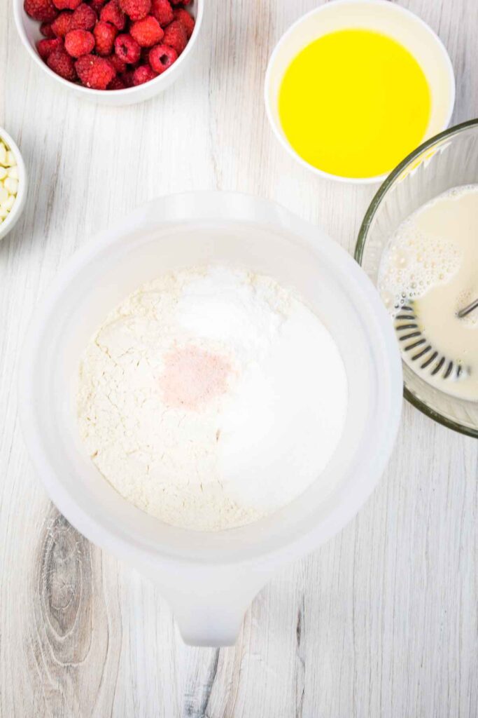 Dry ingredients in a white mixing bowl.