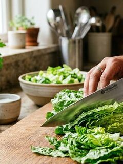 Emma Green slicing fresh green romaine lettuce heads on a wooden cutting board