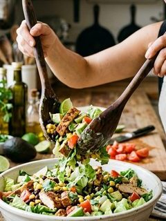 Tossing diced grilled chicken, black beans, corn, avocado, tomatoes, and cheese with lettuce in a bowl