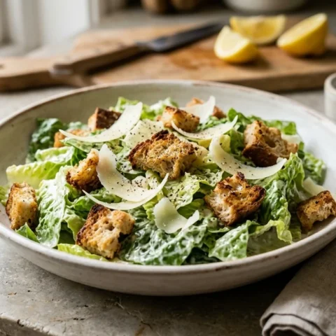Classic homemade Caesar salad in a ceramic bowl with crisp romaine, golden sourdough croutons, shaved parmesan cheese, and creamy dressing