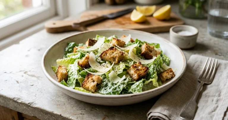 Classic homemade Caesar salad in a ceramic bowl with crisp romaine, golden sourdough croutons, shaved parmesan cheese, and creamy dressing