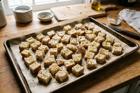 Cubed sourdough bread tossed with olive oil, garlic powder, and black pepper spread on a parchment-lined baking sheet