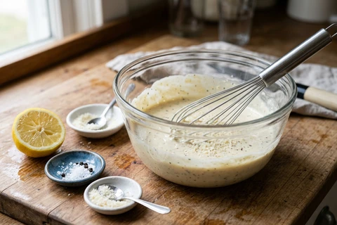 Whisking creamy Caesar dressing with mayonnaise, lemon juice, parmesan cheese, and garlic in a glass mixing bowl