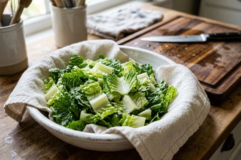 Freshly washed and chopped crisp romaine lettuce drying thoroughly in a salad bowl