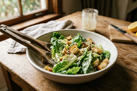 Tossing crisp romaine lettuce leaves with creamy Caesar dressing and golden toasted croutons using salad tongs