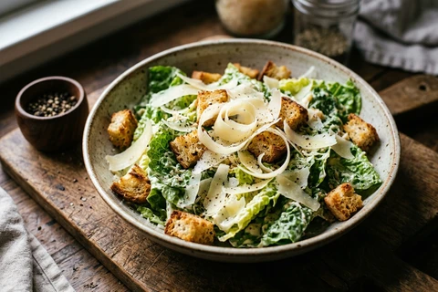 Finished Caesar salad garnished with shaved Parmigiano-Reggiano ribbons and freshly cracked black pepper